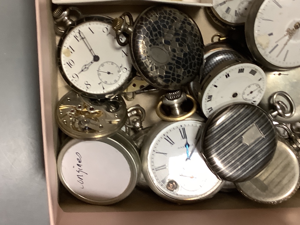 A collection of assorted base metal pocket watches and movements including Zenith & Longines, three Jules Jurgensen wrist watches movements and a similar Vacheron & Constantin movement (mainly a.f.)